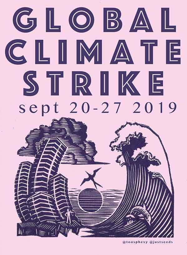 "Global Climate Strike" written on a pink backdrop and a lithographic image of a tsunami approaching a city below.