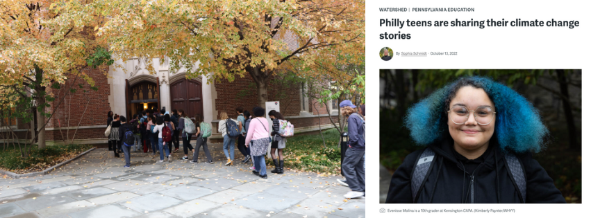 Left: students enter the wooden doors of the Irvine auditorium a fall tree is to the left, right: screenshot of whyy article featuring a student with curly blue hair, wire glasses, and a bright smile
