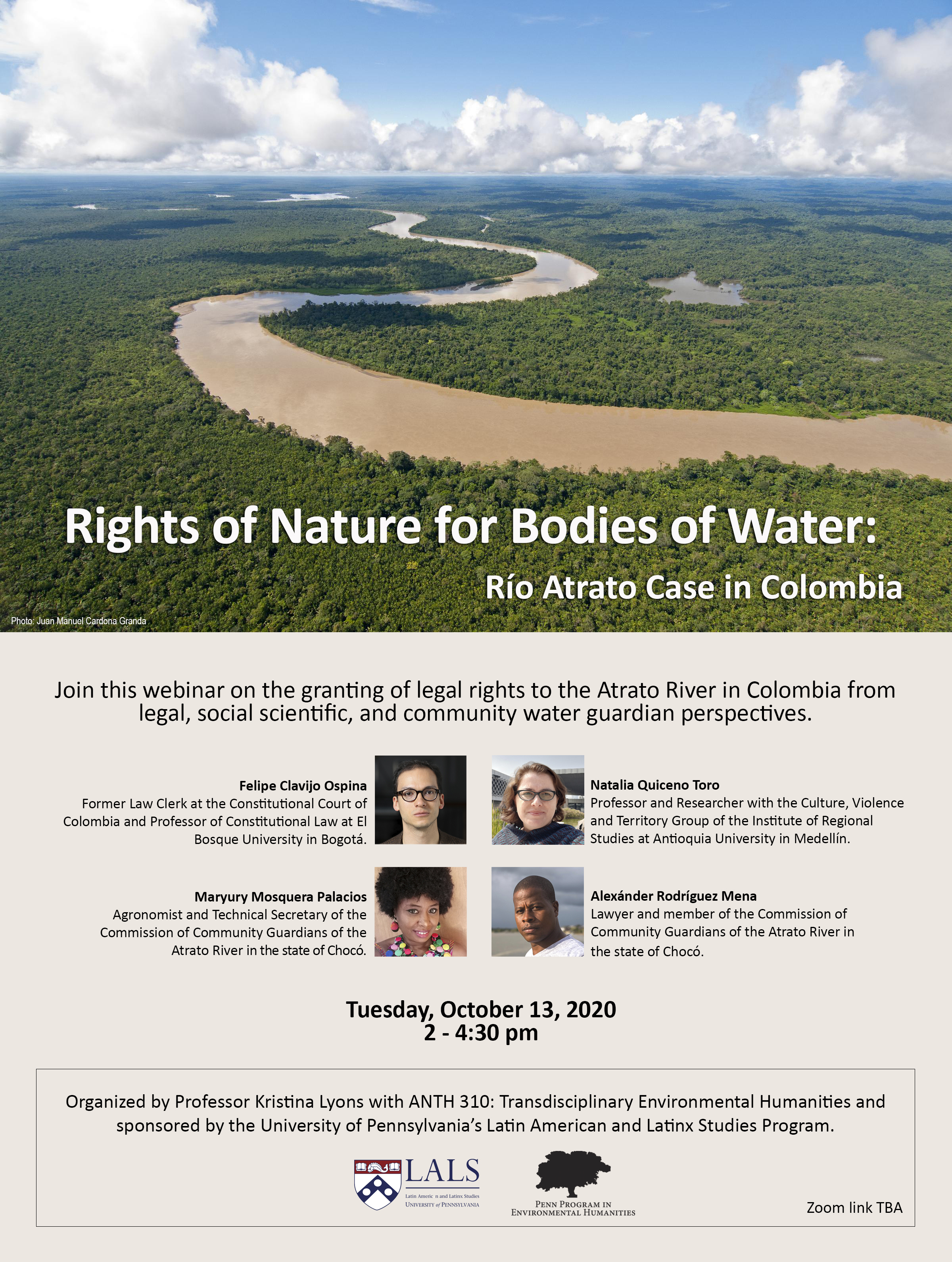 This is an event flyer for Rights of Nature for Bodies of Water displaying a photo of the Río Atrato