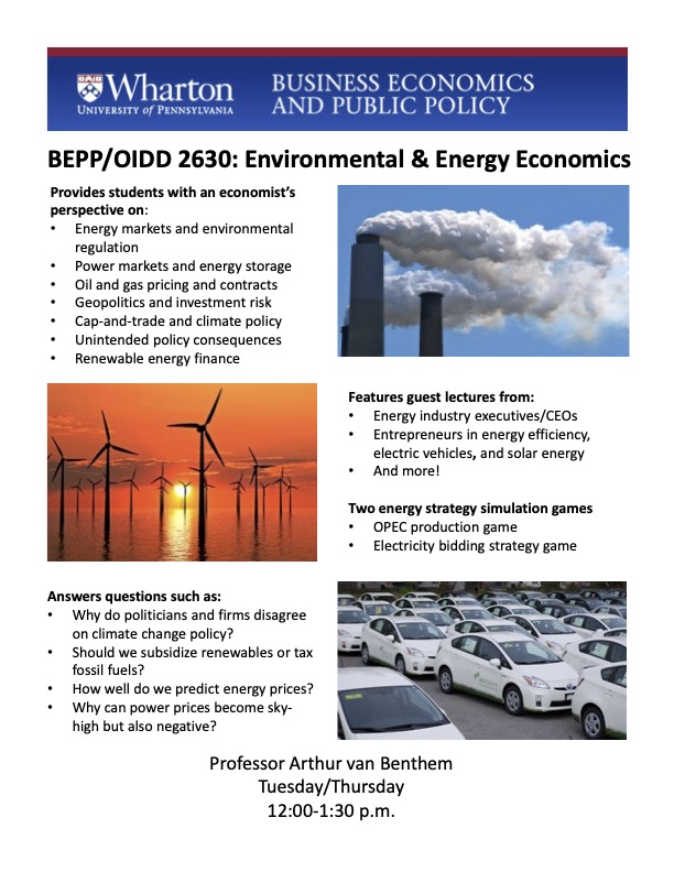 Flyer for course, "Environmental and Energy Economics."
