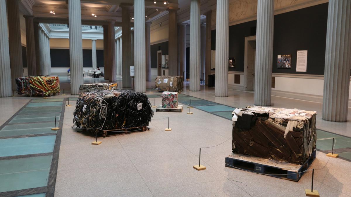 Bales of local waste in Wildcat Hauling exhibition at the Corcoran School of Art & Design, Washington DC. 2016. Photo by FICTILIS.