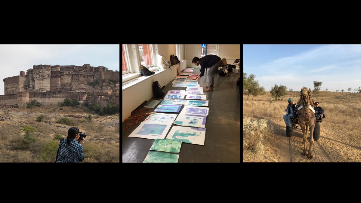Mathur documenting the Jodhpur Fort, Neff reviewing prints during the workshop at Penn; Sykes riding up the dunes to a musical performance