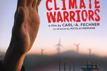 A movie poster showing an upstretched hand, and the Climate Warriors text written large and in red