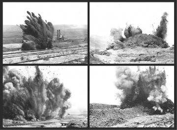 Series of images of land explosions