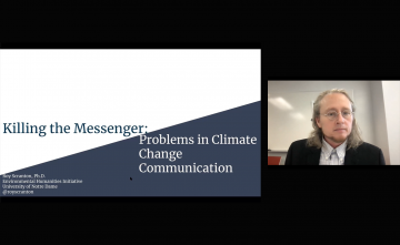 Roy Scranton presenting on Killing the Messenger: Challenges in Climate Change Communication through Zoom